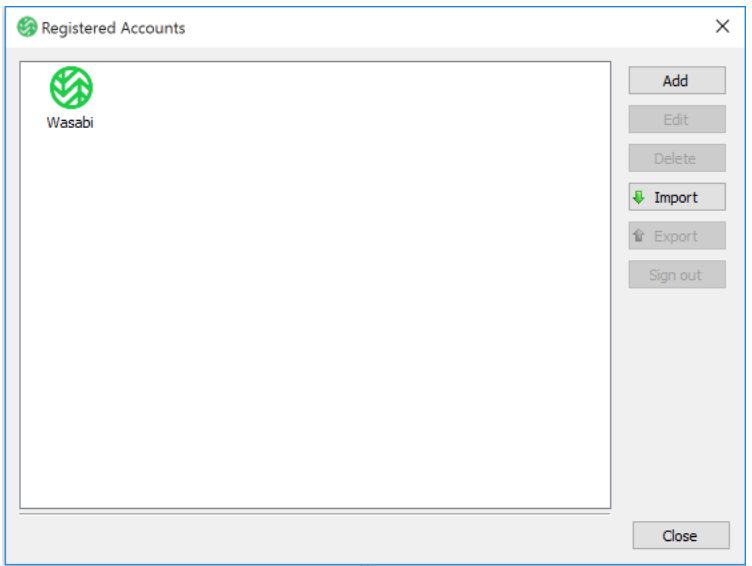 Screenshot showing the list of Registered Accounts in Wasabi