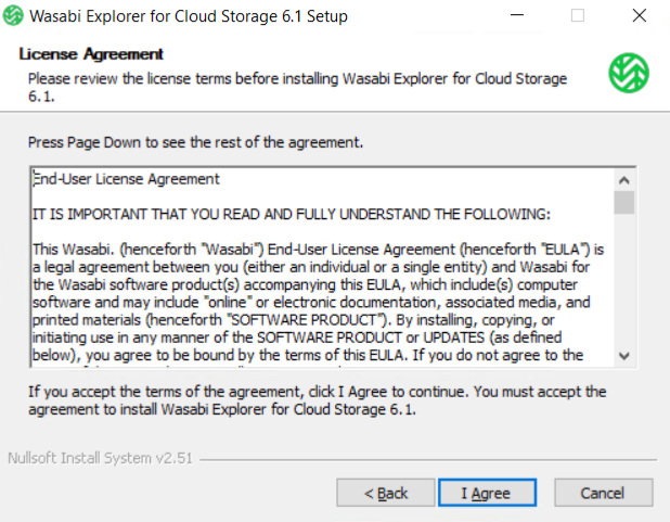 Screenshot of the Wasabi Explorer End User License Agreement