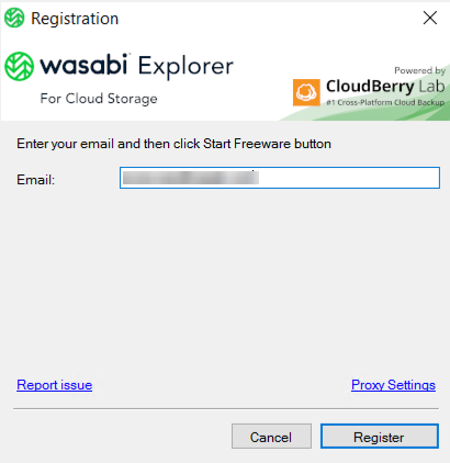 Screenshot of the Wasabi Explorer registration screen and the enter Email prompt