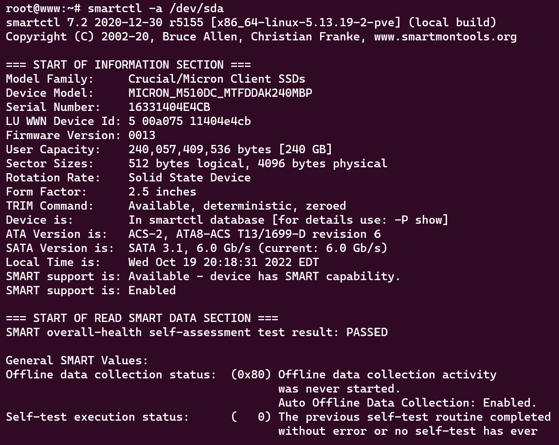 Screenshot showing the results of the "sudo smartctl -a /dev/sda" command