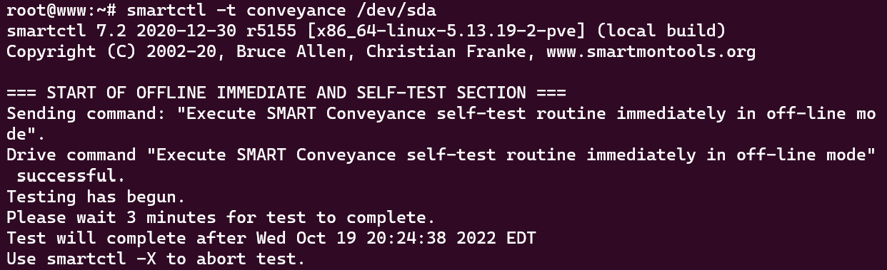 Screenshot showing the results of the "sudo smartctl -t conveyance /dev/sda" command