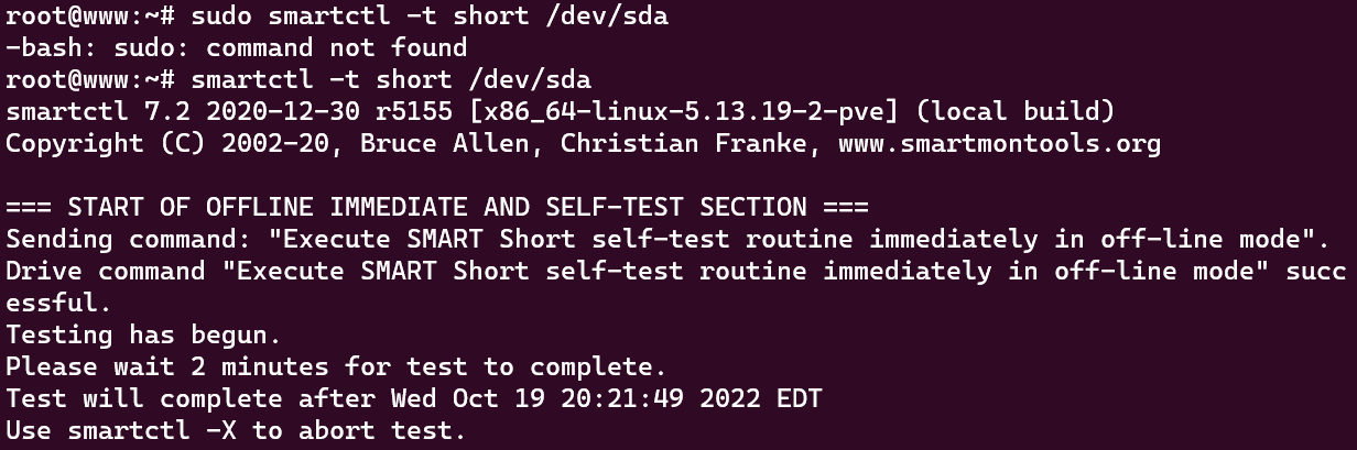 Screenshot showing the results of the "sudo smartctl -t short /dev/sda" command
