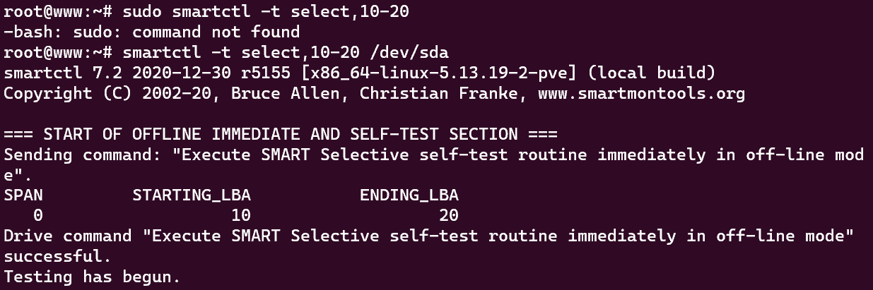 Screenshot showing the results of the "sudo smartctl -t select,10-20 /dev/sda" command