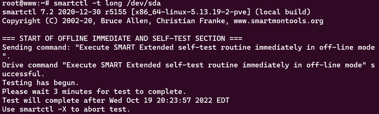 Screenshot showing the results of the "sudo smartctl -t long /dev/sda" command