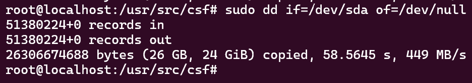 Screenshot showing the results of the sudo dd if=/dev/sda of=/dev/null command