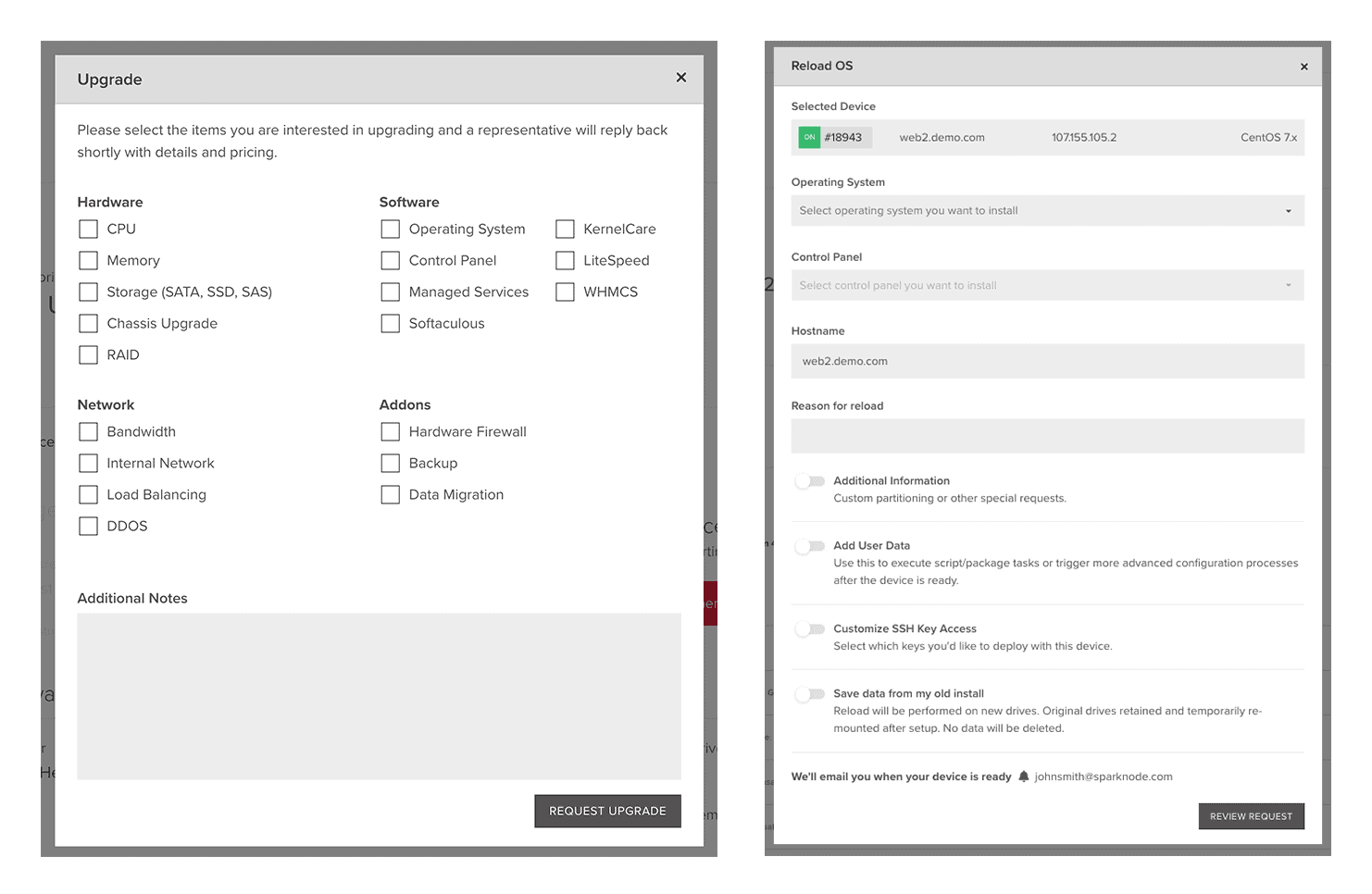 Screenshot of the Hardware Upgrade and OS Reload forms within myVelocity