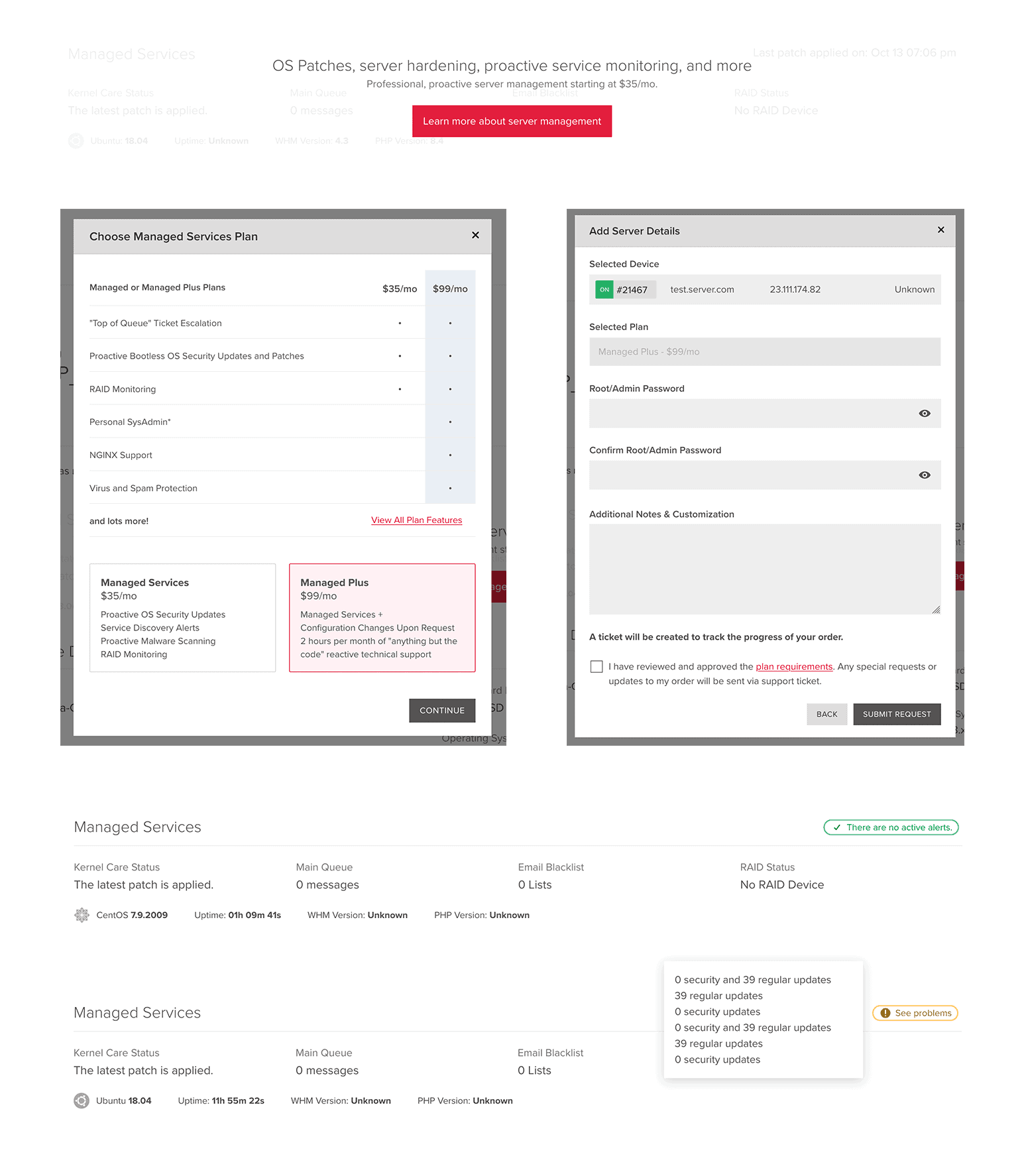Screenshots showing the new Managed Services forms and stats bars