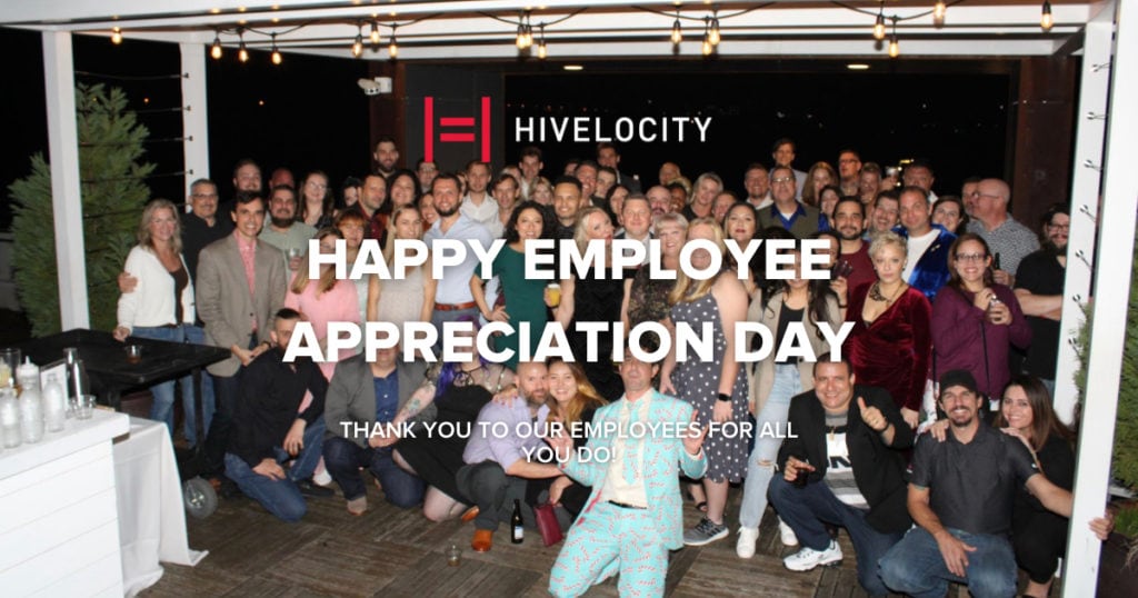 Image of two employees with the text "Happy Employee Appreciation Day"
