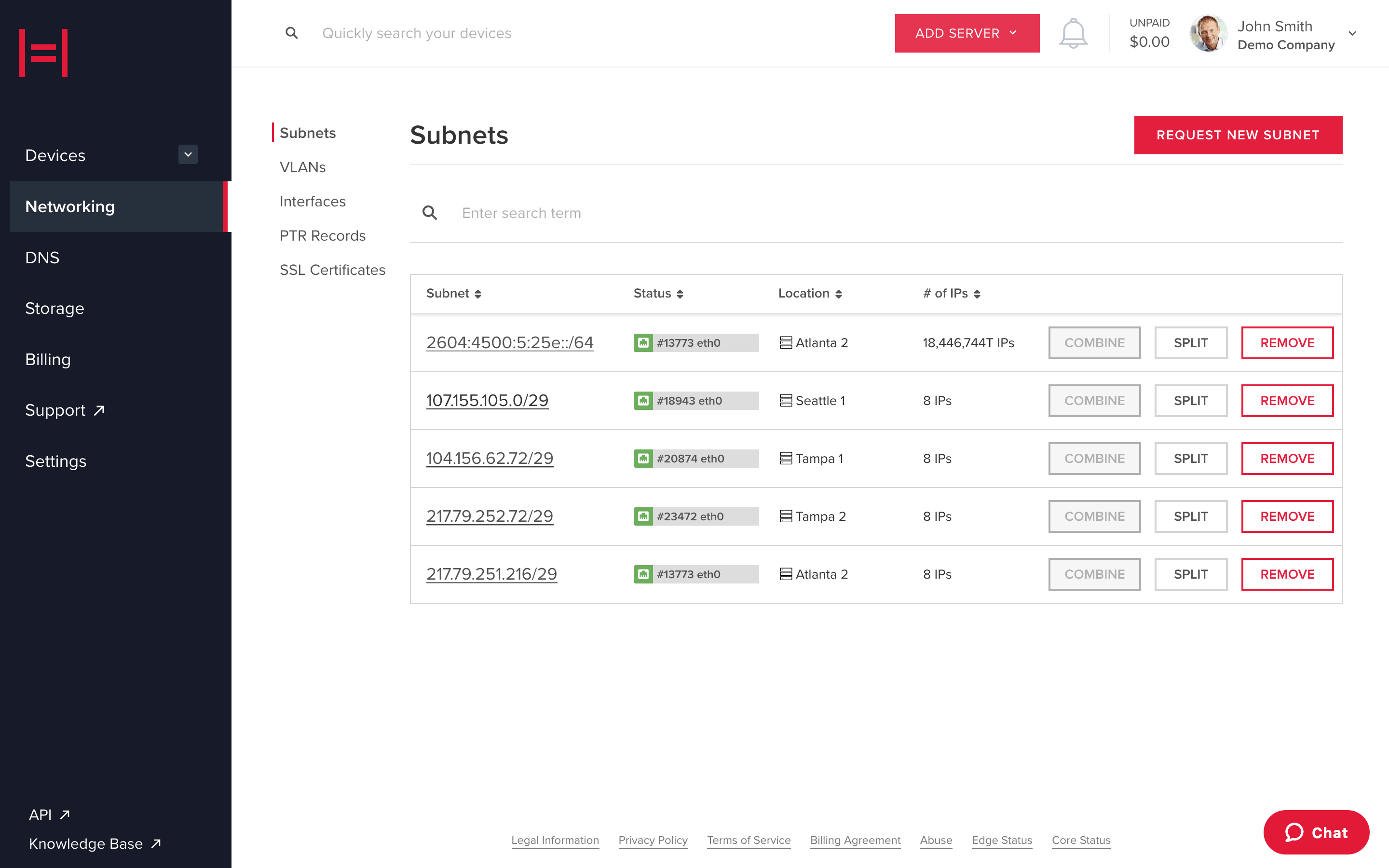 Screenshot of the Subnets tab in myVelocity