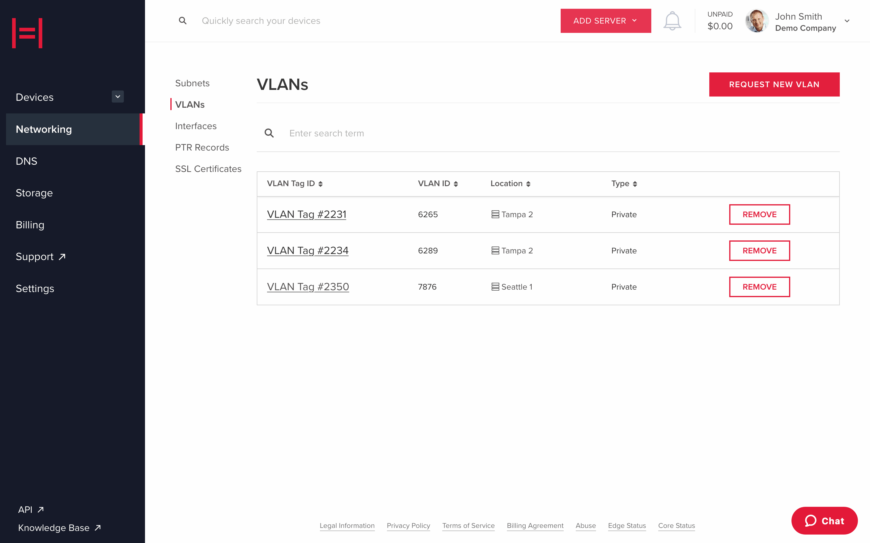 Screenshot of the VLANs tab in myVelocity