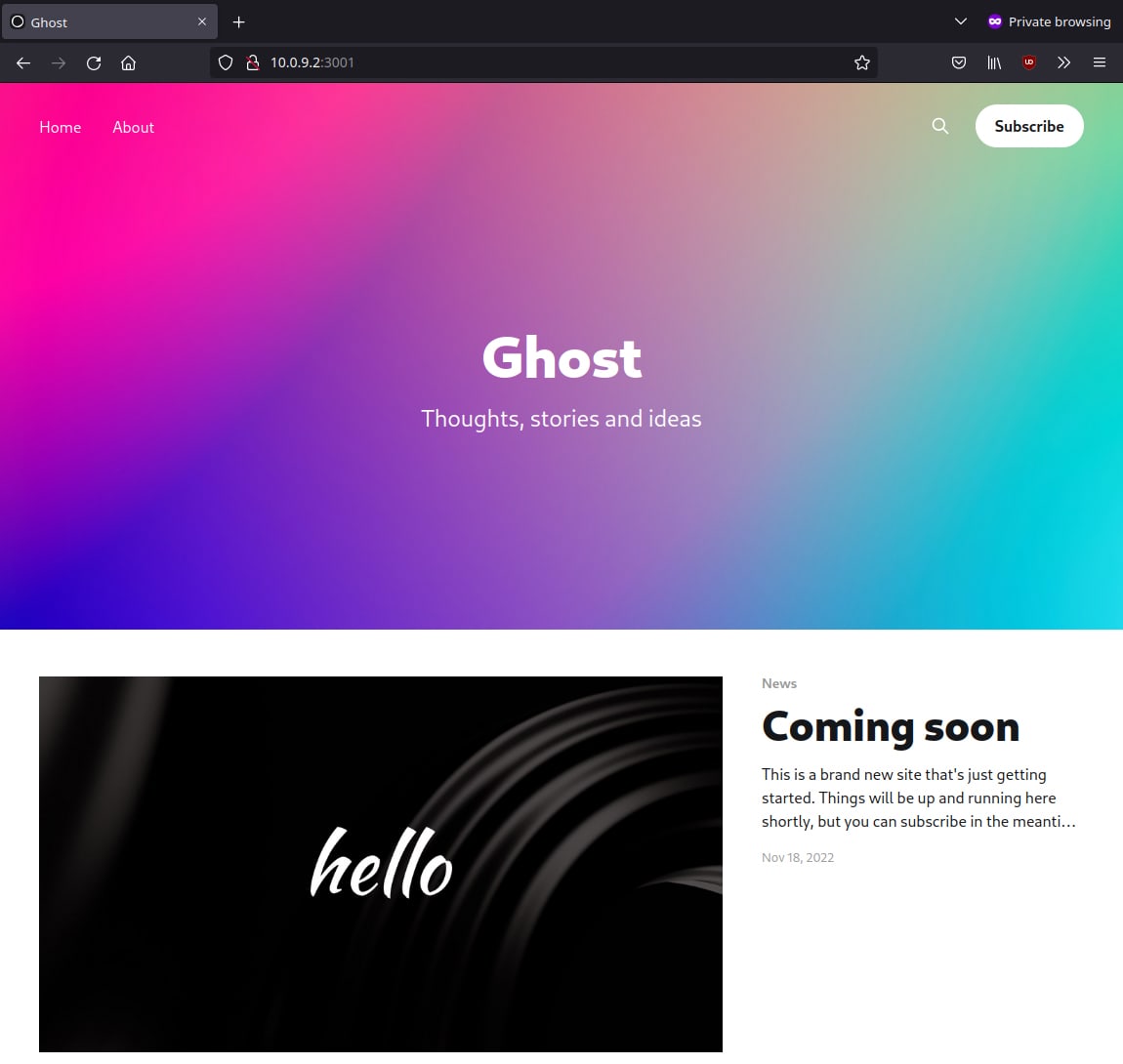 Screenshot of Ghost site with Coming Soon messaging