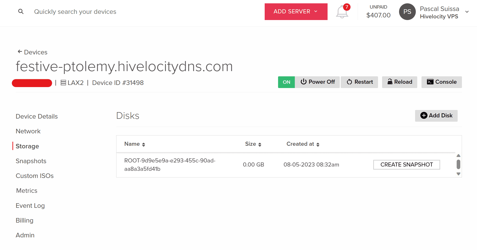Screenshot of the Storage tab in myVelocity.