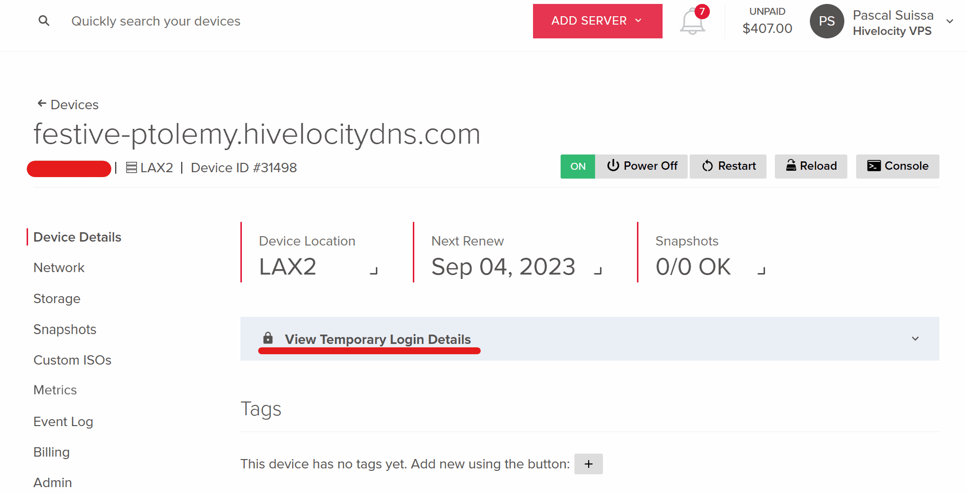 Screenshot highlighting the View Temporary Login Details option on the Device Details tab.