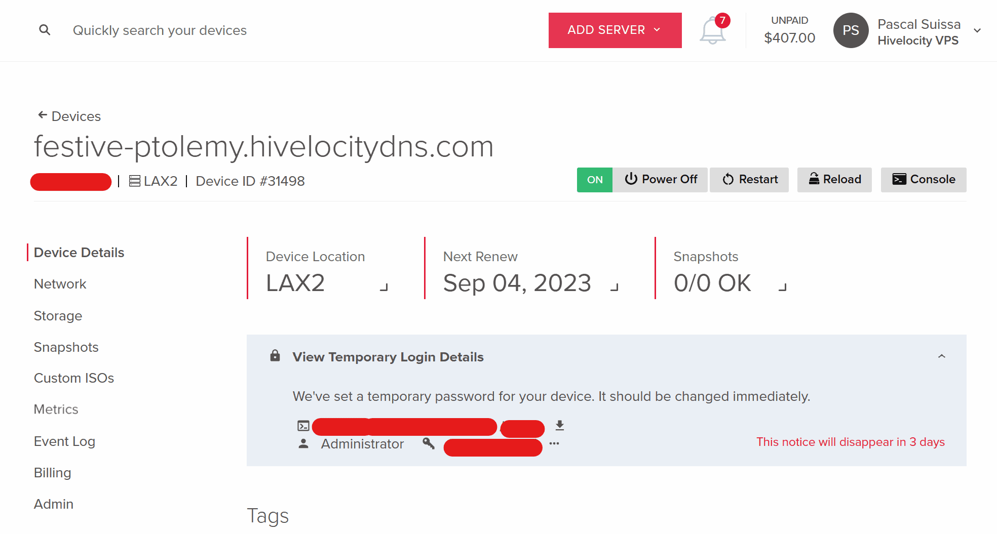 Screenshot showing Temporary Login details within the Device Details tab in myVelocity.