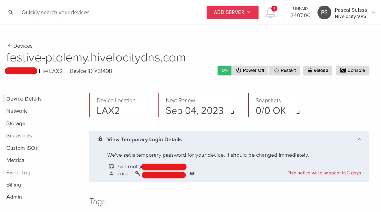 VPS temporary login details