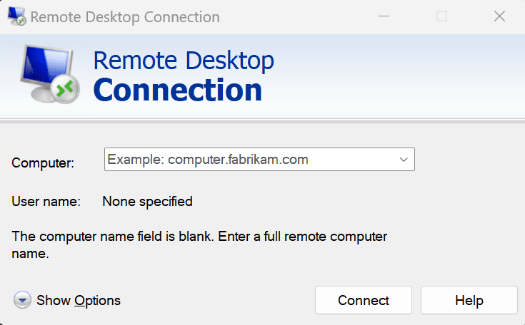 Screenshot showing the Remote Desktop Connection interface.