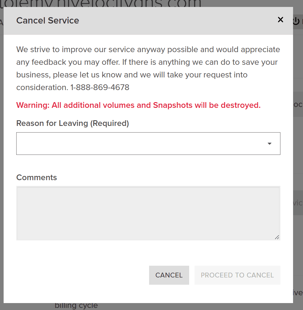 Screenshot of the Cancel Service window.