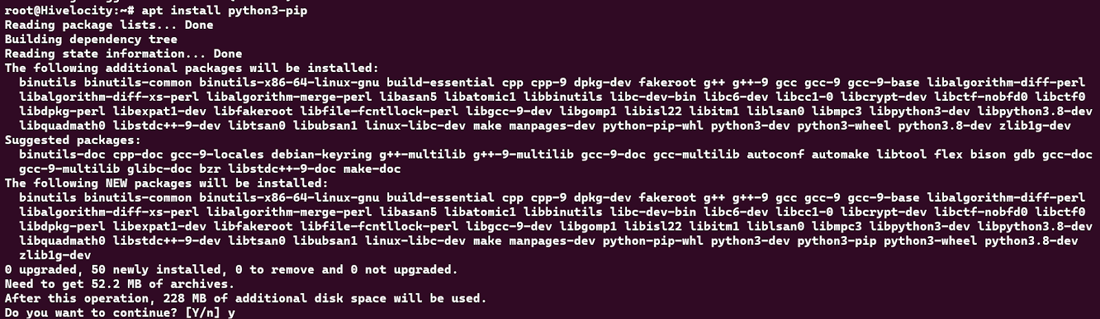 Terminal window highlighting the "apt install python-pip" command