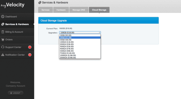 Service & Hardware - Cloud Storage Tab - Select Plan