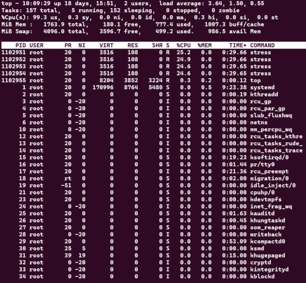 Top command output, displaying all running services and current system loads