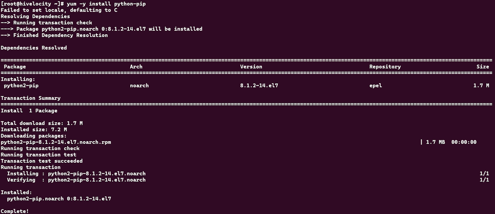 Terminal window highlighting the command "yum -y install python-pip"