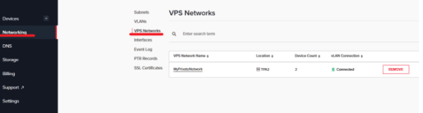 VPS Networks page where you can view and create VPS networks to connect your VPSs.