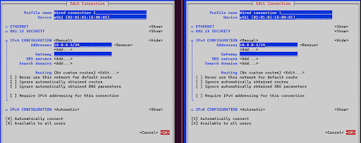 nmtui command’s GUI displaying the NetworkManager connection options.