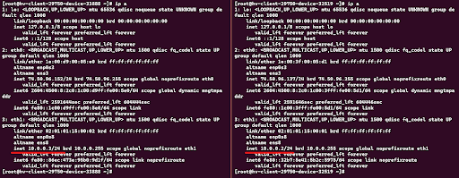 Split view of both servers and their ip a command output with the newly added private IP.