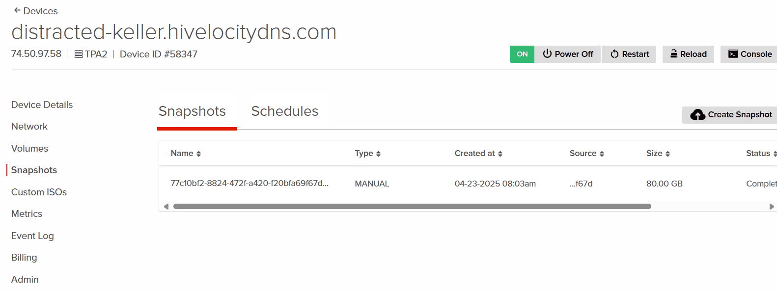 Snapshots tab in myVelocity