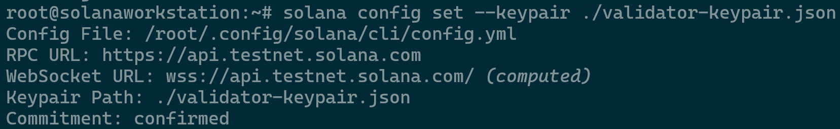 Setting the validator keypair as the default in the Solana Configuration