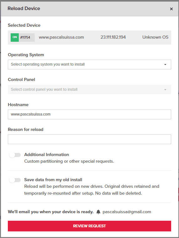Dedicated Server Reload Form