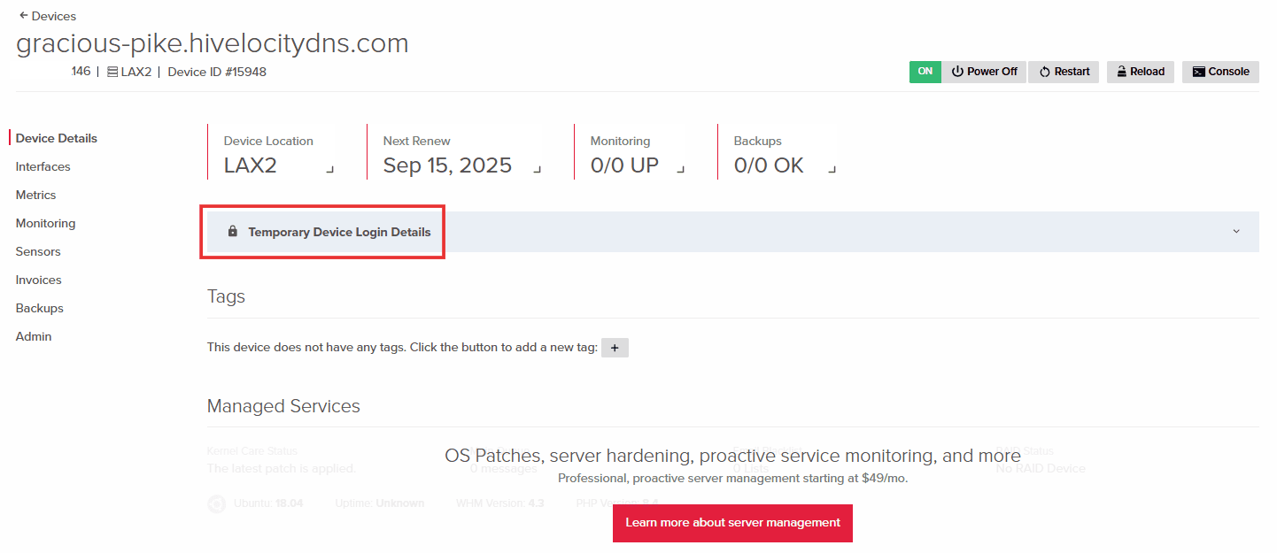 Temporary Device Login Details