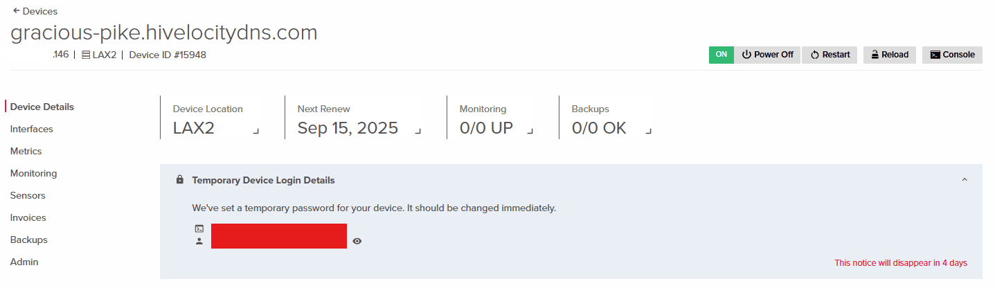 Temporary Device Login Details