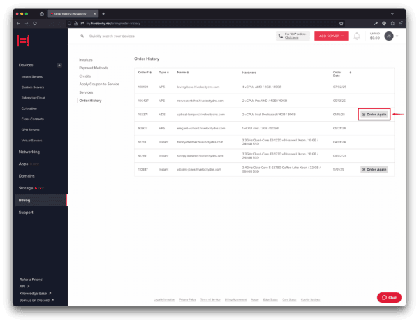Hivelocity new buy again button