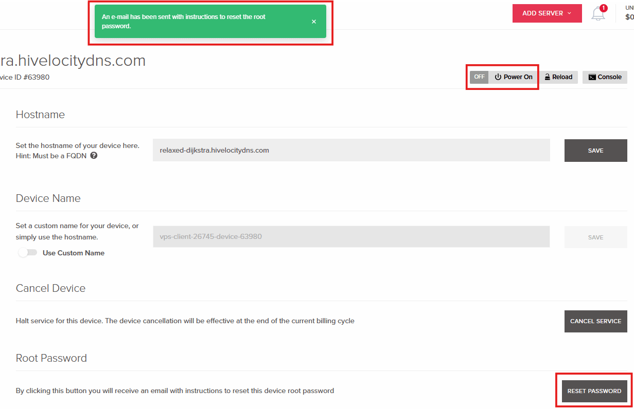 Resetting Virtual Server Root Password
