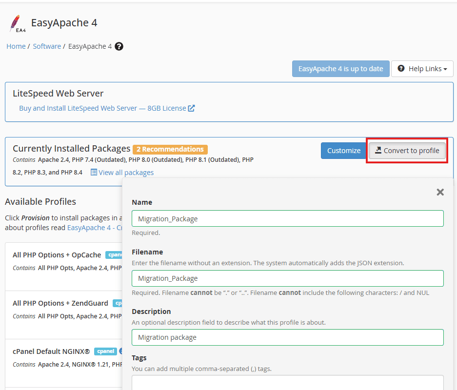 Converting Installed Packages to an EA4 Profile 