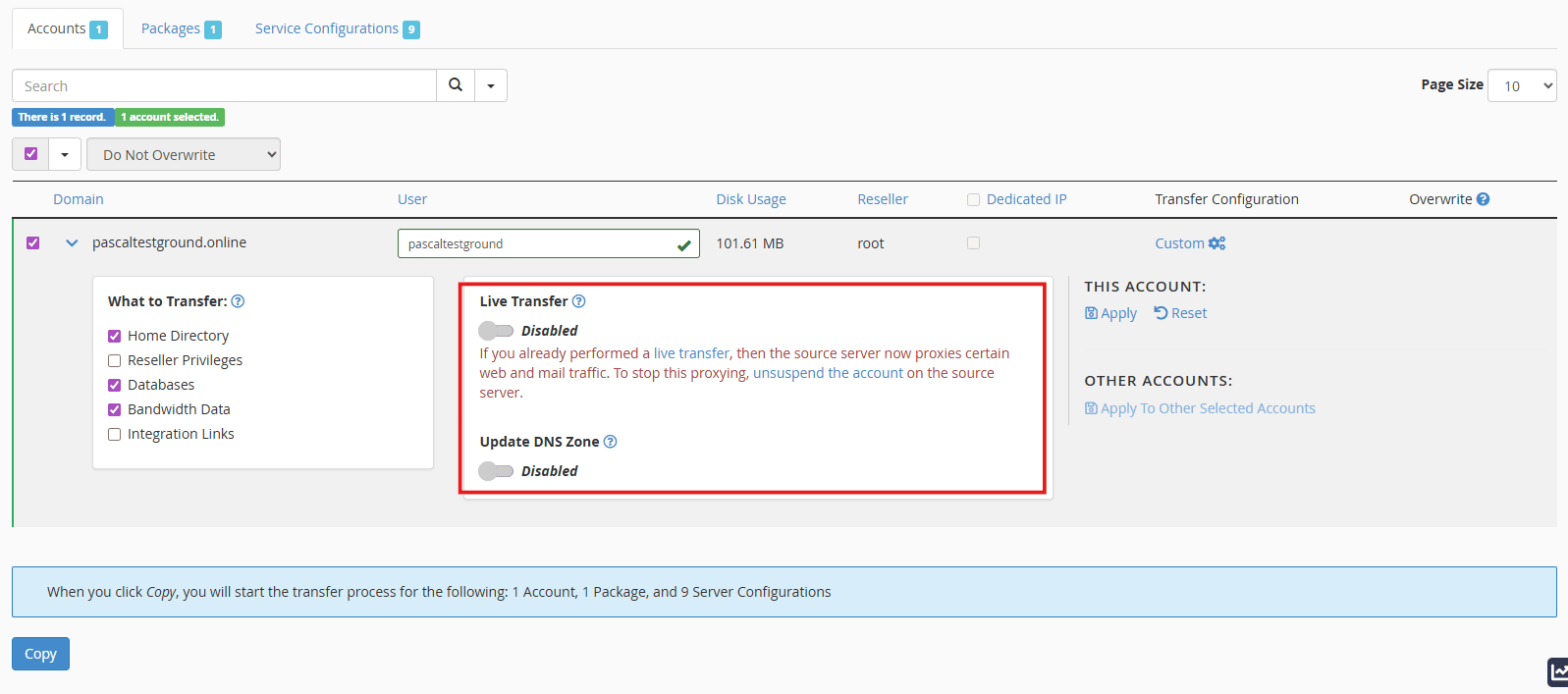 Account Transfer via WHM Transfer Tool